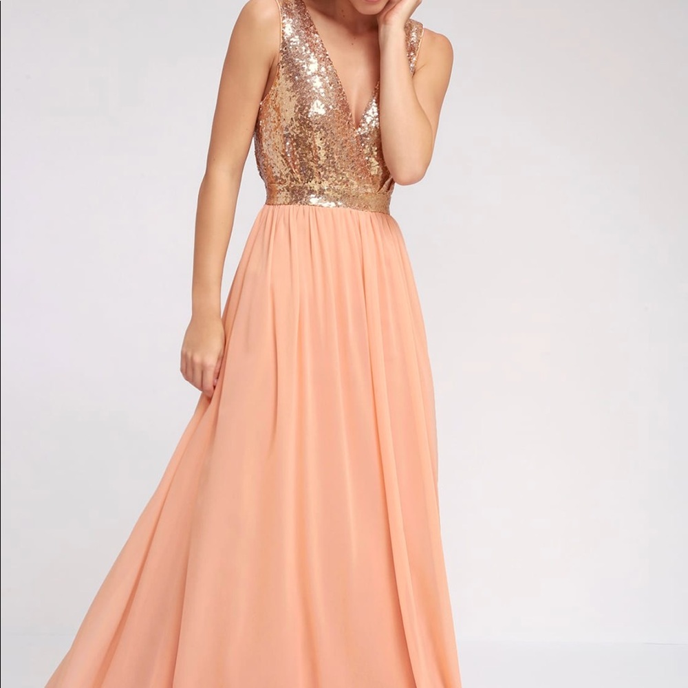 ELEGANT ENCOUNTER ROSE GOLD SEQUIN MAXI DRESS